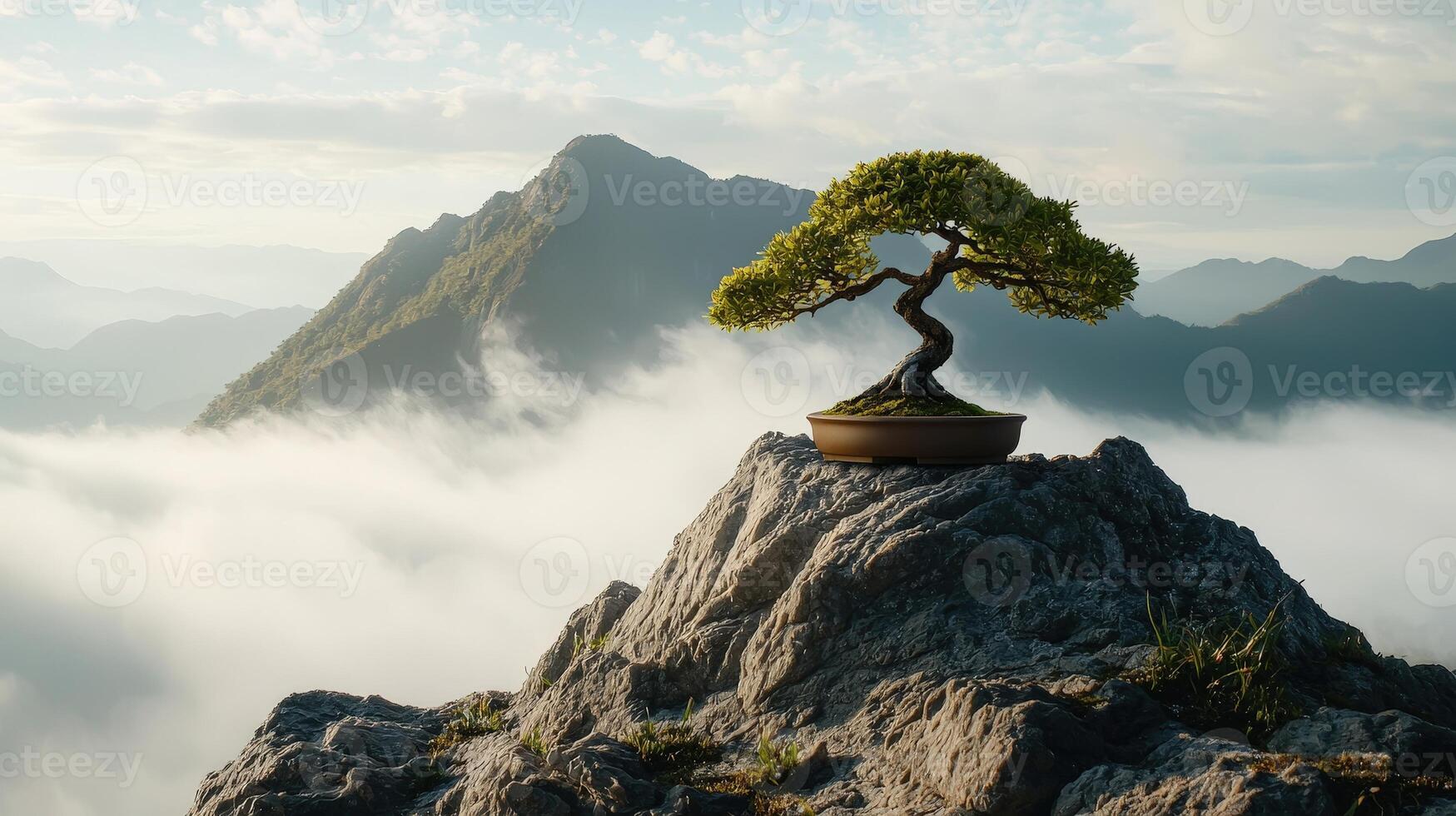 Bonsai tree on top of mountain with clouds and fog photo