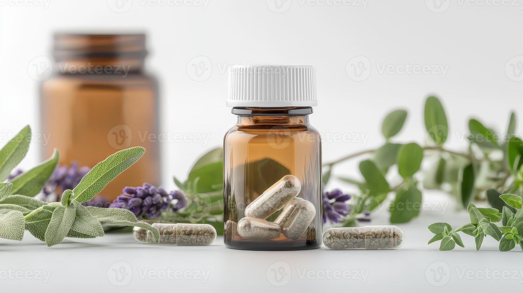 Herbs and capsules in glass bottles with leaves photo
