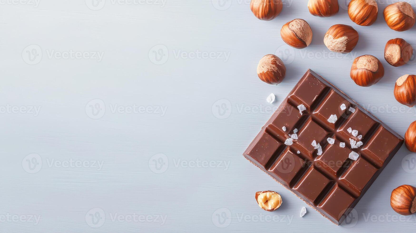Chocolate bar with hazelnuts and sea salt on white background photo