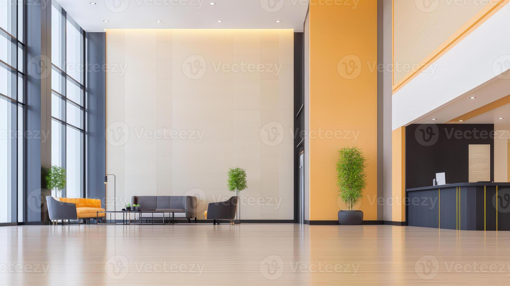 An empty lobby with orange walls and wooden floors photo