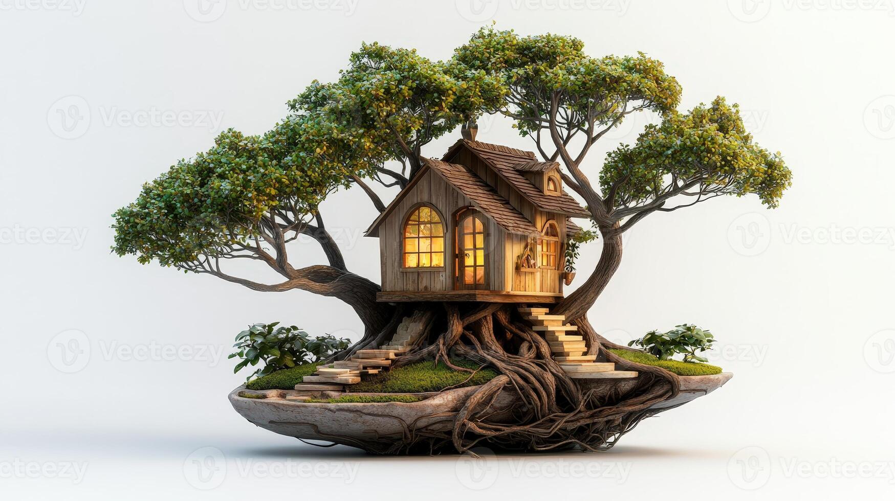 A tree house with a tree growing out of it photo
