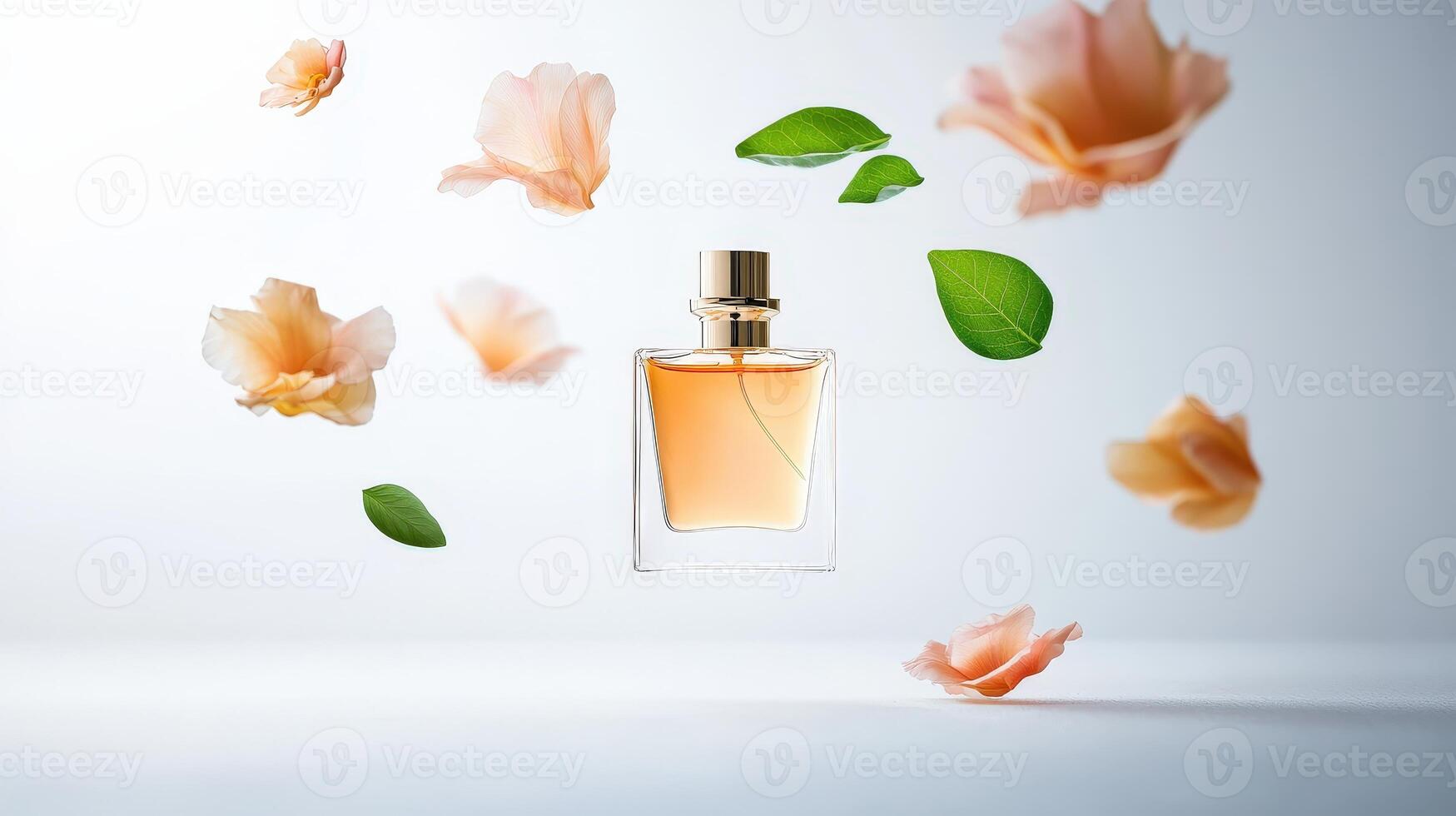 An image of a perfume bottle with flowers flying around it photo