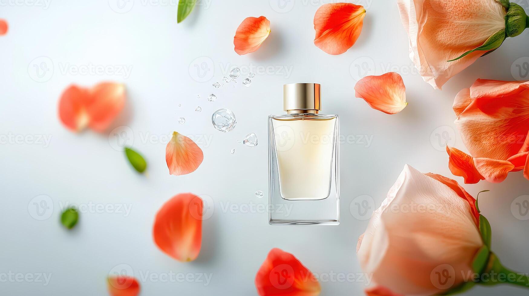 Perfume bottle with orange petals and water droplets on white background photo