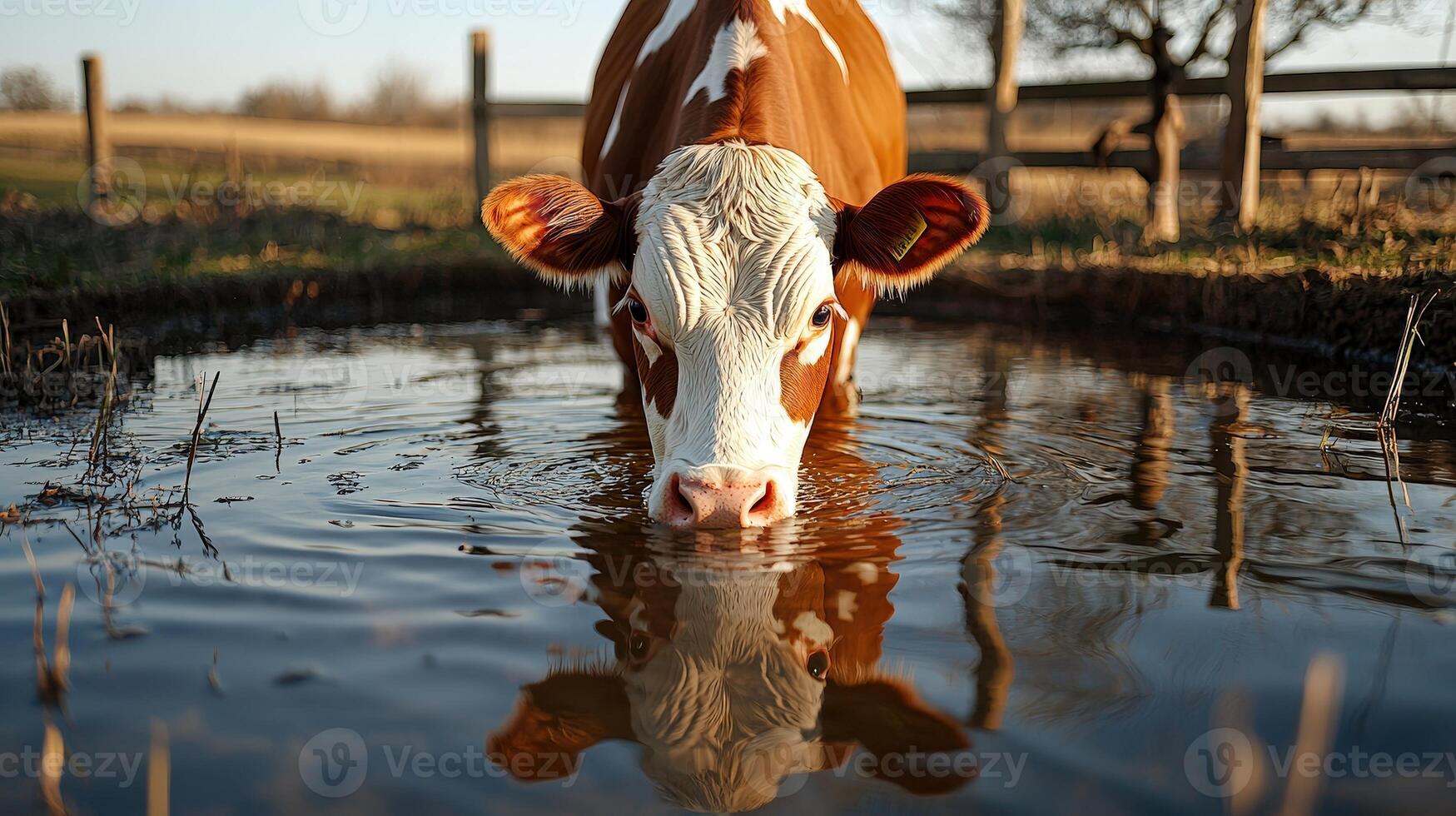 A cow drinking water from a pond photo