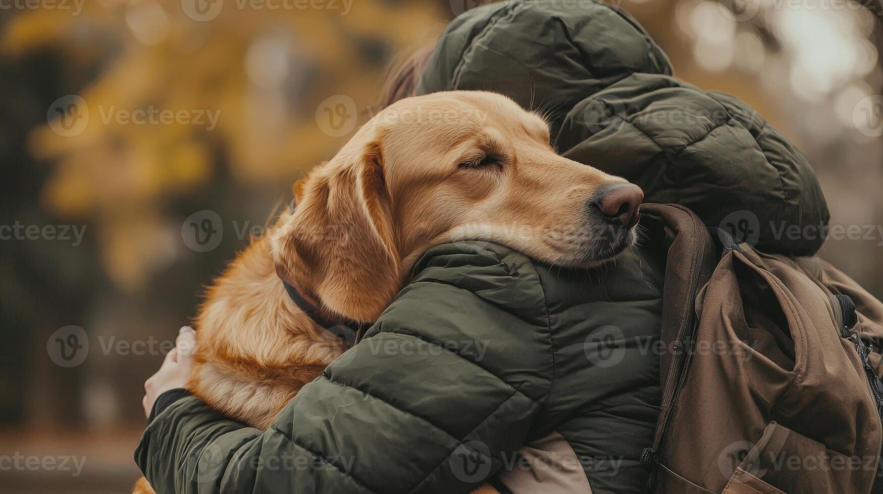 A person is hugging a dog in a park photo
