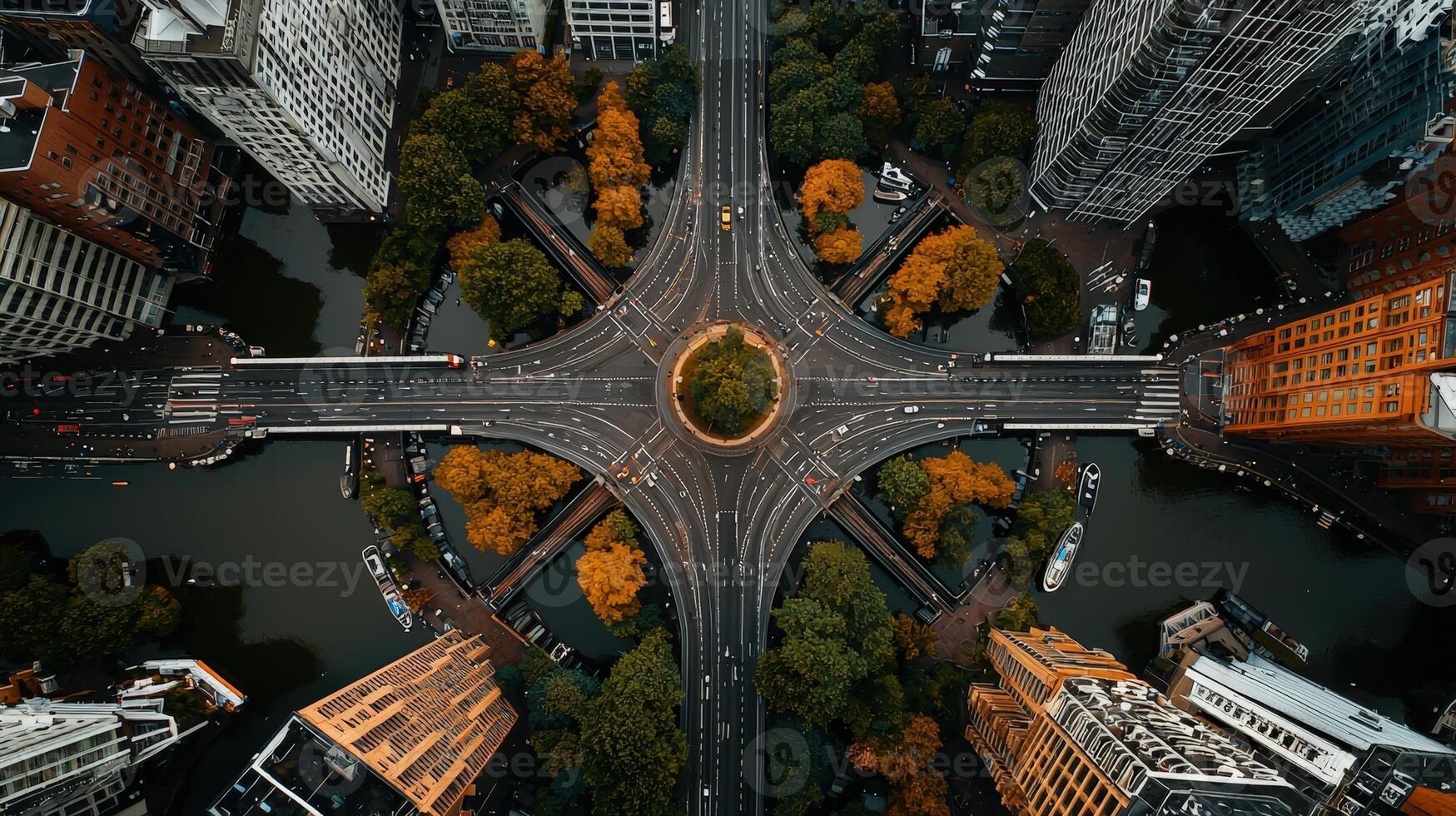 An aerial view of a city intersection photo