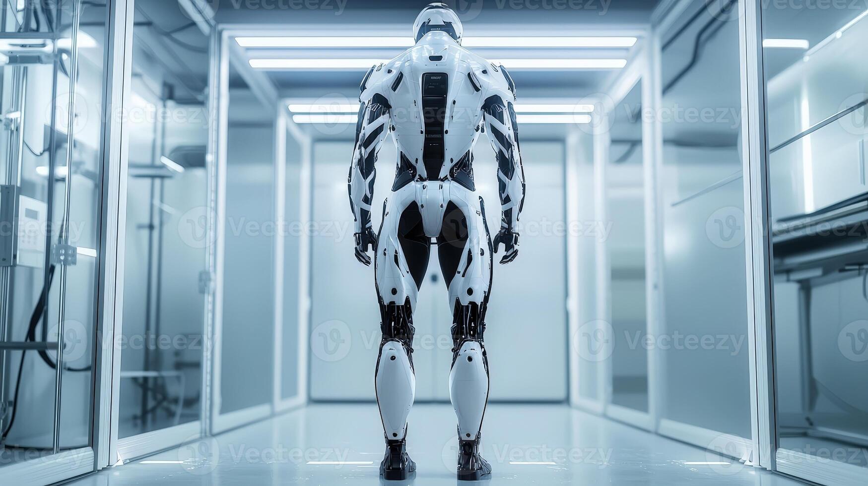 A robot standing in a hallway with a white and black suit photo