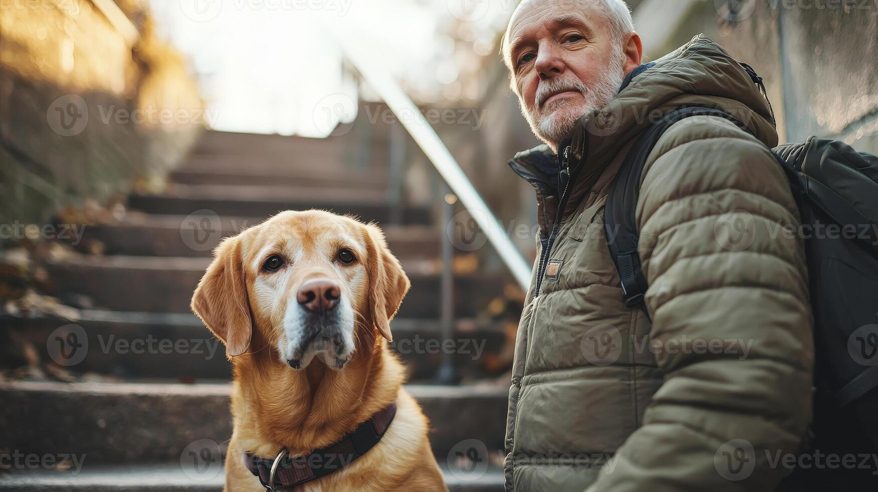 An older man with a dog on a staircase photo