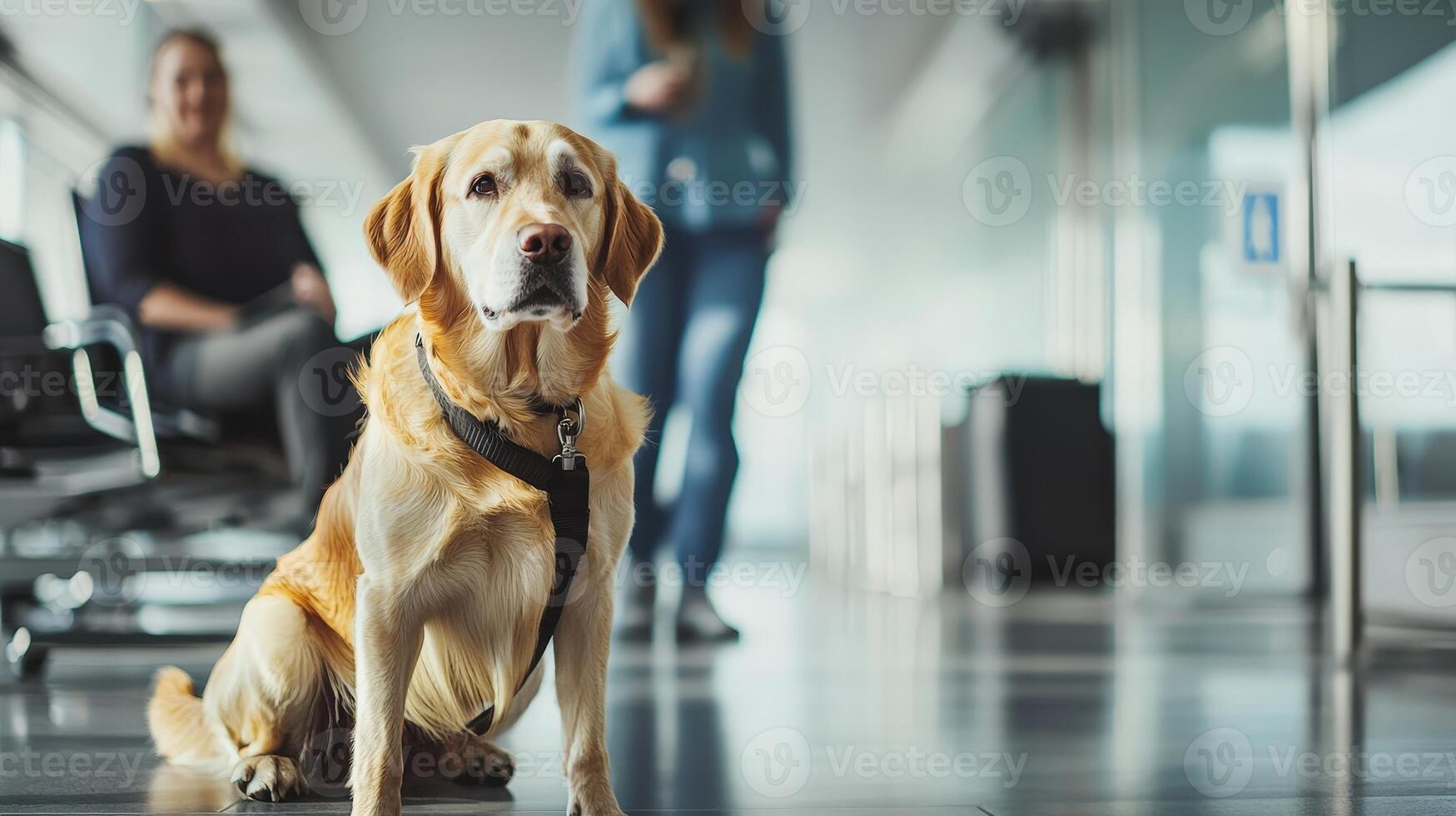 A dog sitting on the floor in an airport photo