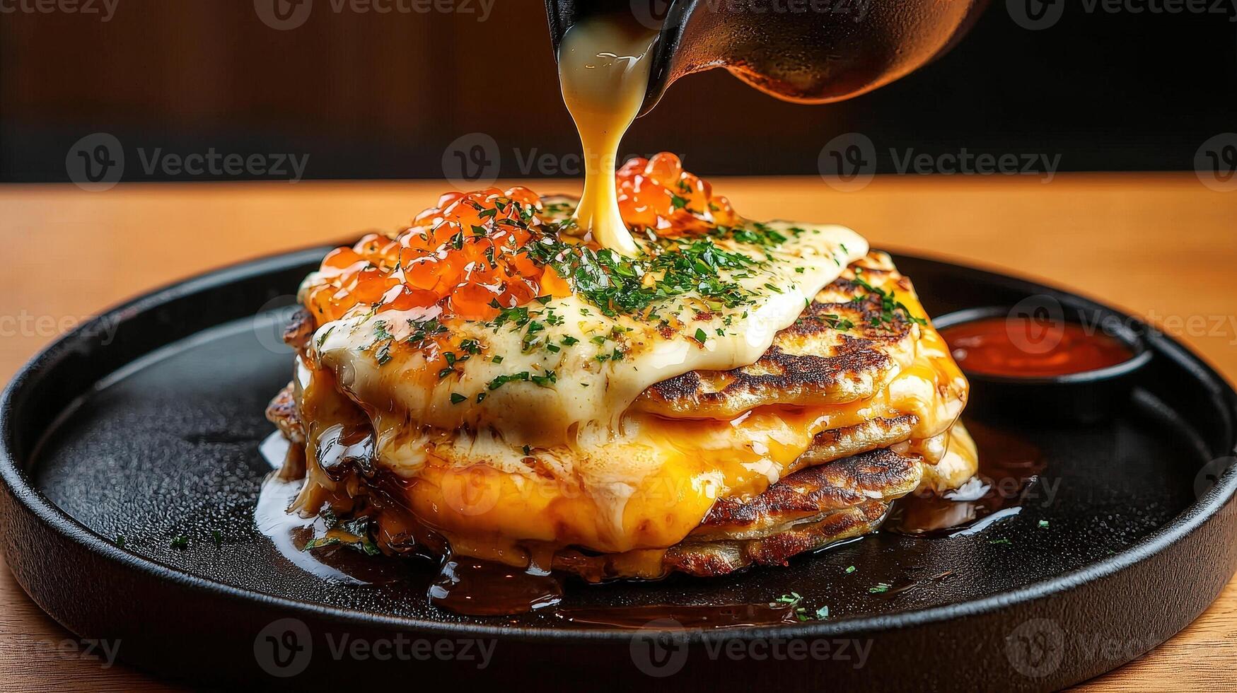A plate with a stack of pancakes on top of it photo