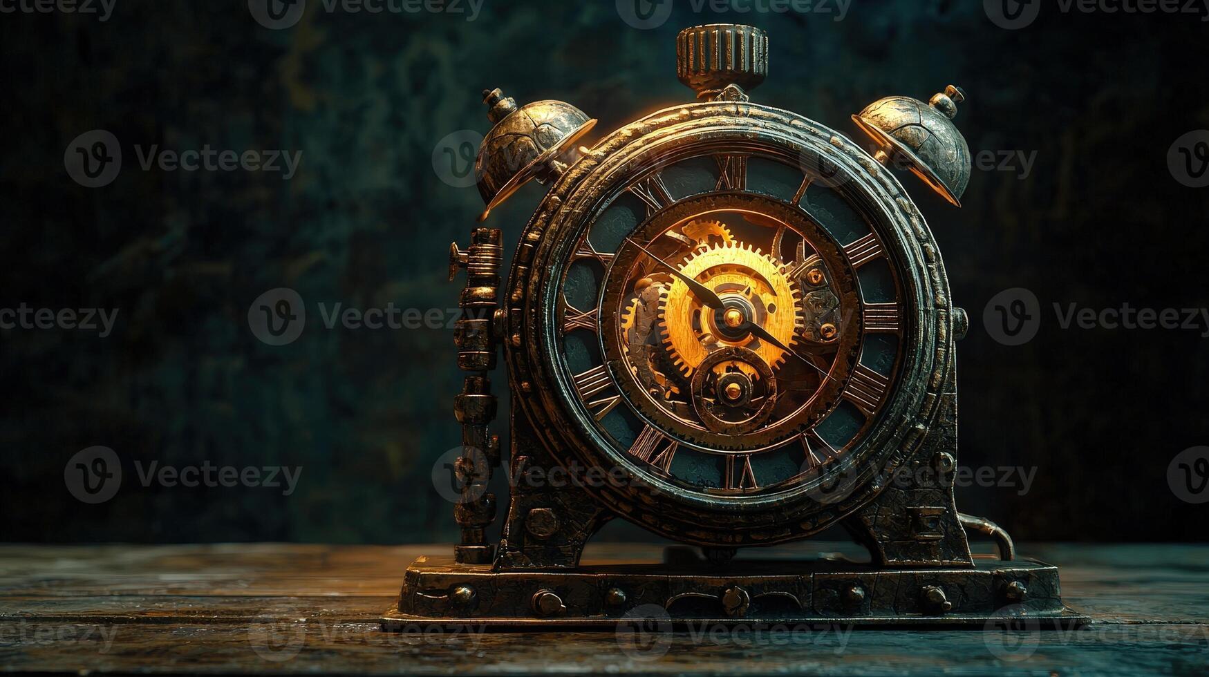An old clock with gears and roman numerals photo