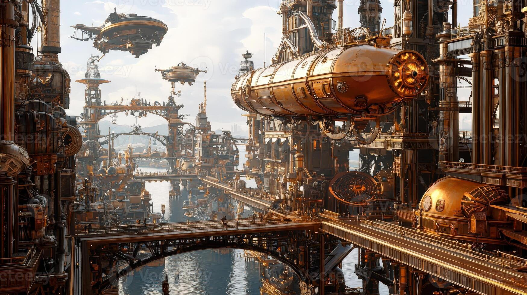 A futuristic city with steam engines and other machinery photo