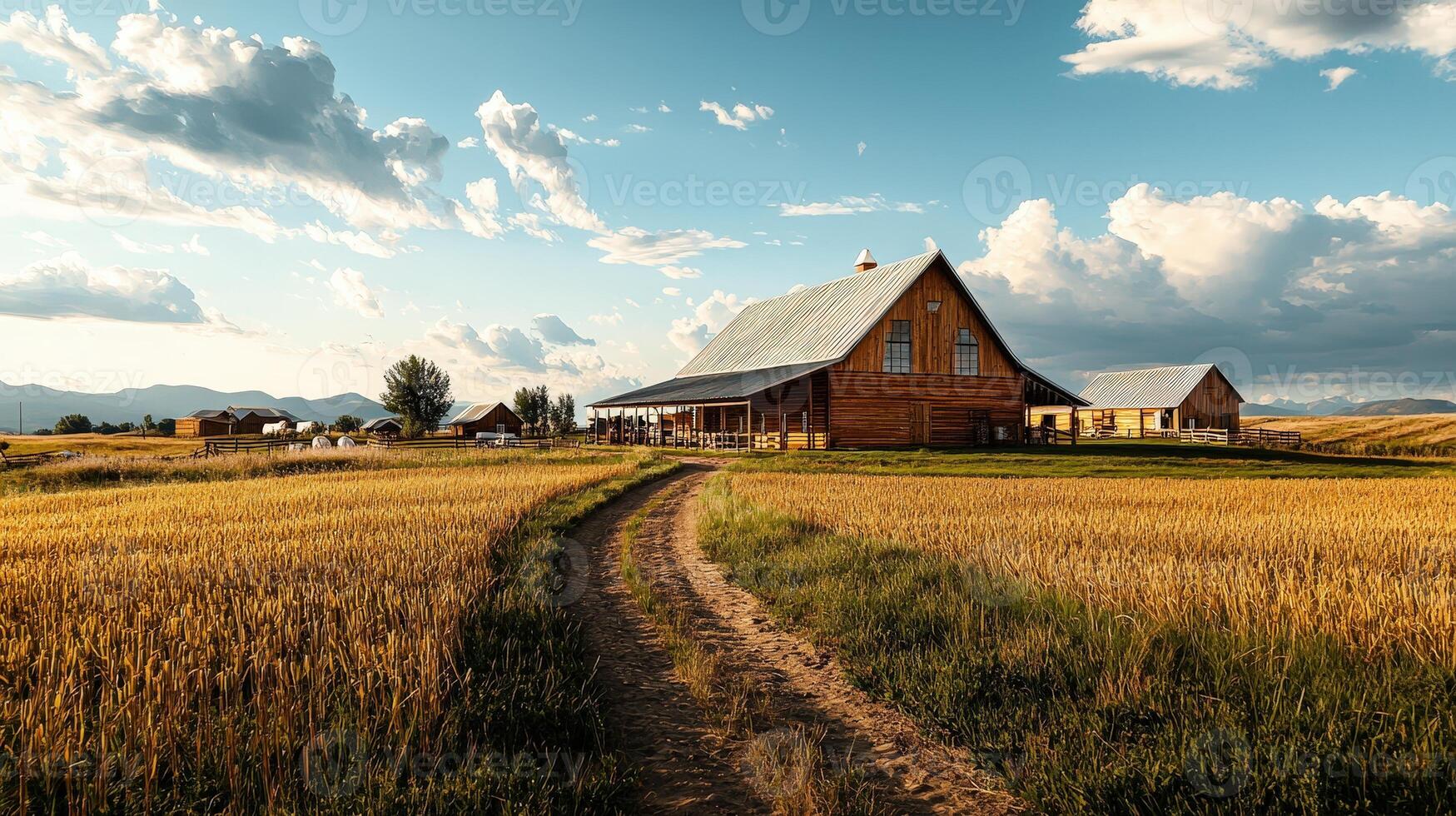 A dirt road leading to a house in a field photo