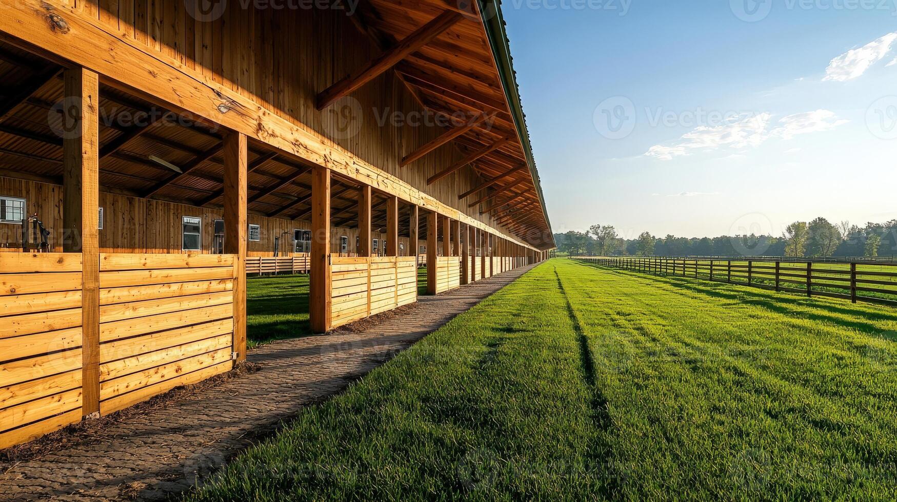 A long row of wooden stalls in a field photo