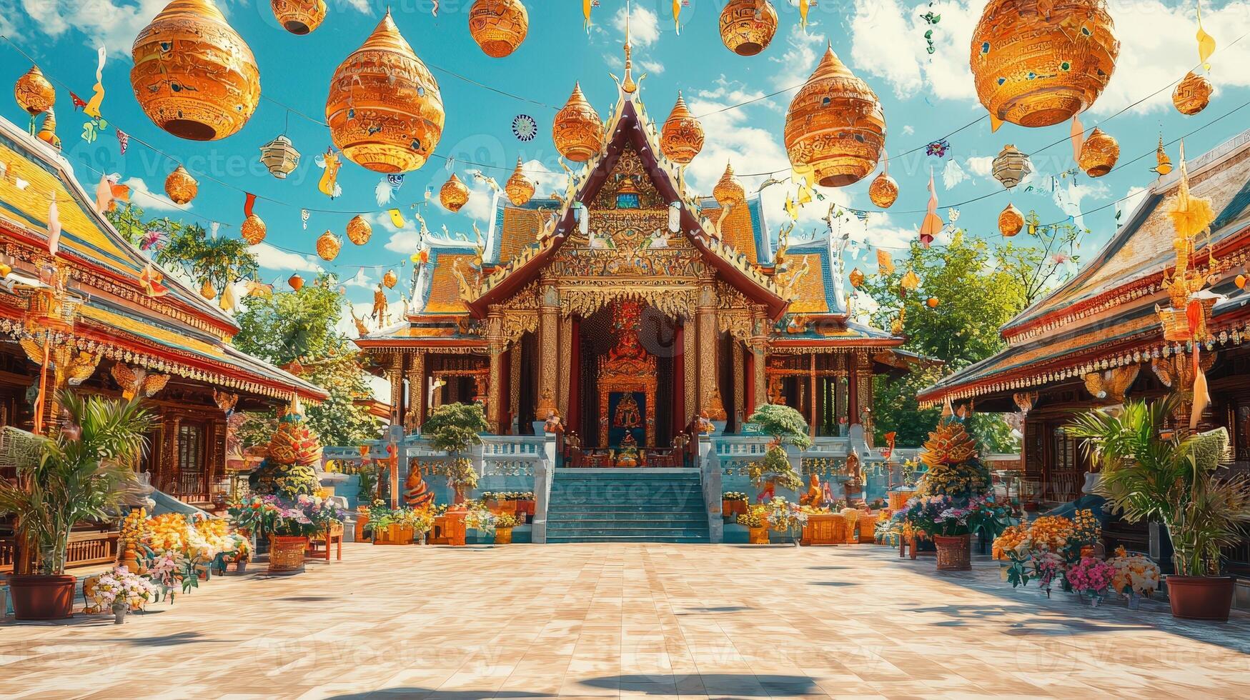 The entrance to a thai temple with lanterns hanging from the ceiling photo