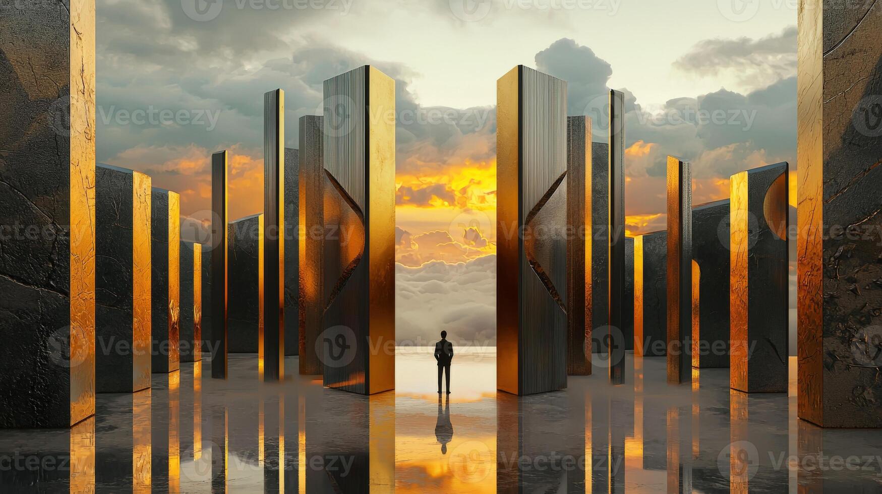 A man standing in front of a large door with a sunset in the background photo