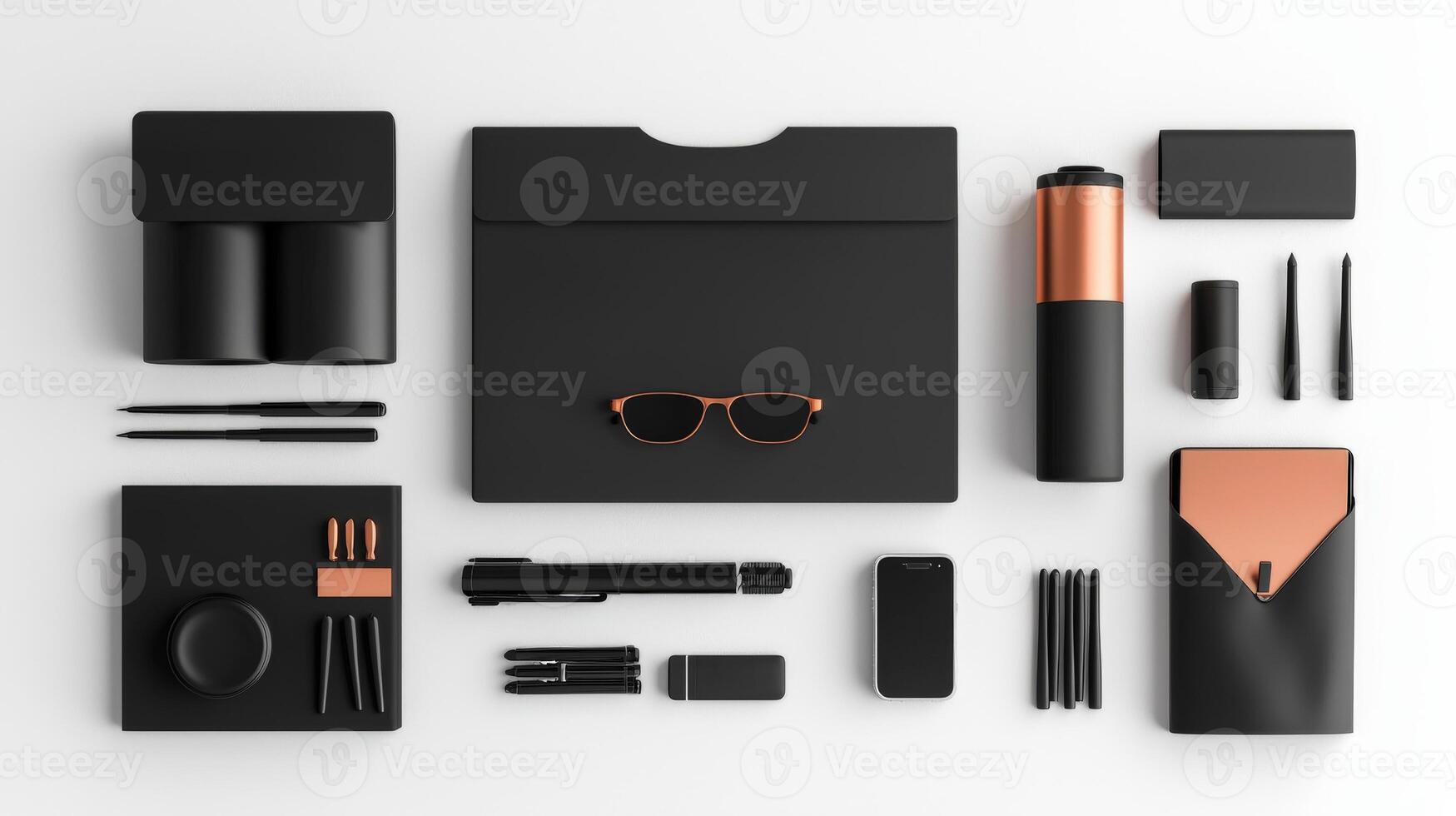 A black and copper office stationery set on a white surface photo