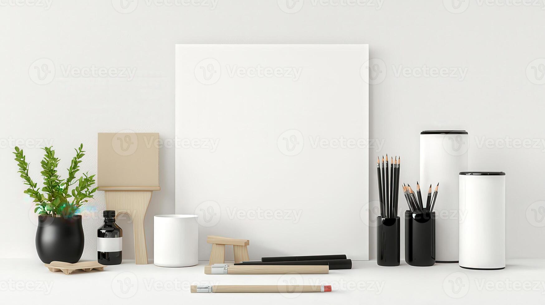 A white table with various items including a blank poster photo
