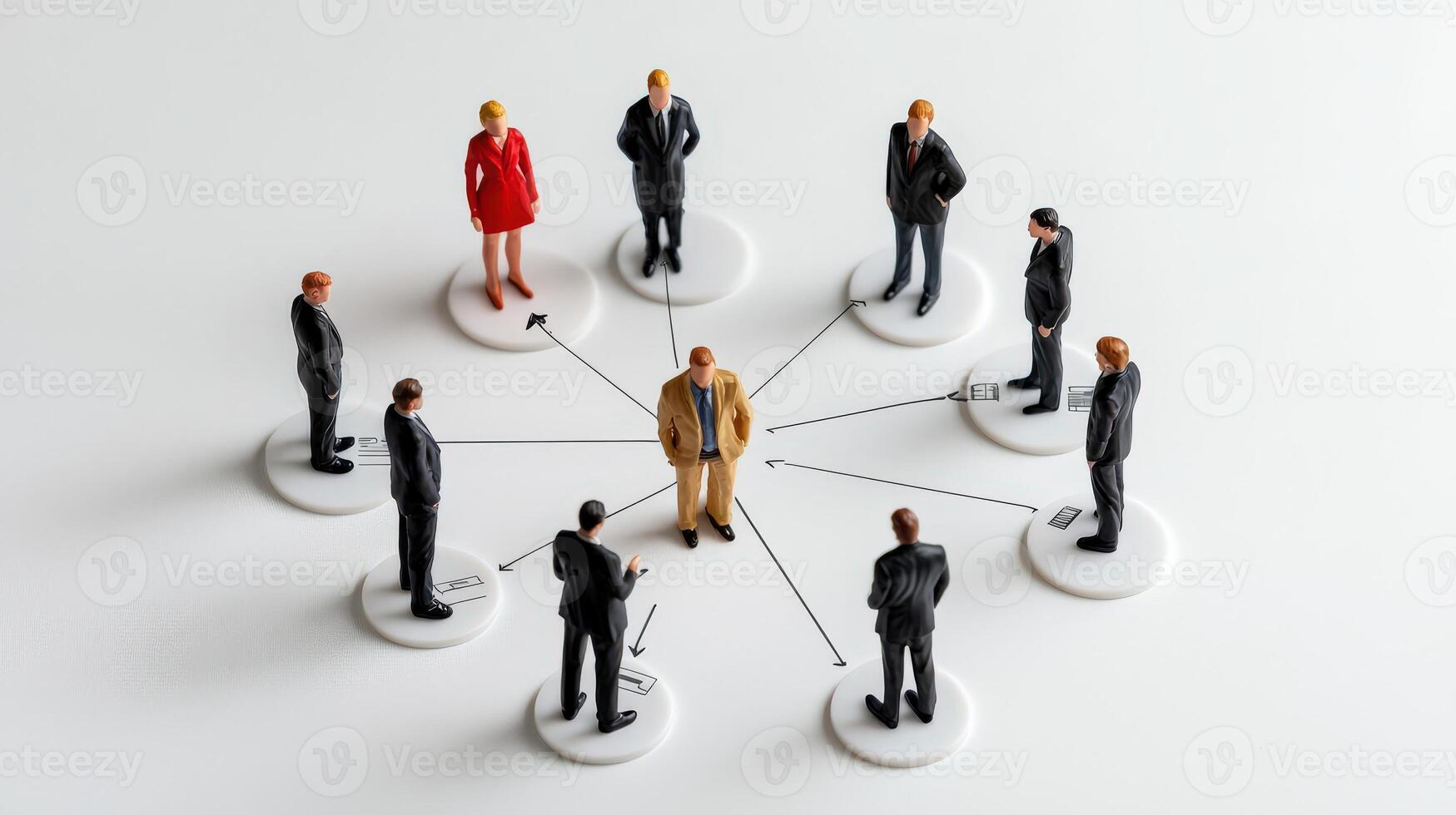 Miniature people standing in a circle with a business person in the middle photo
