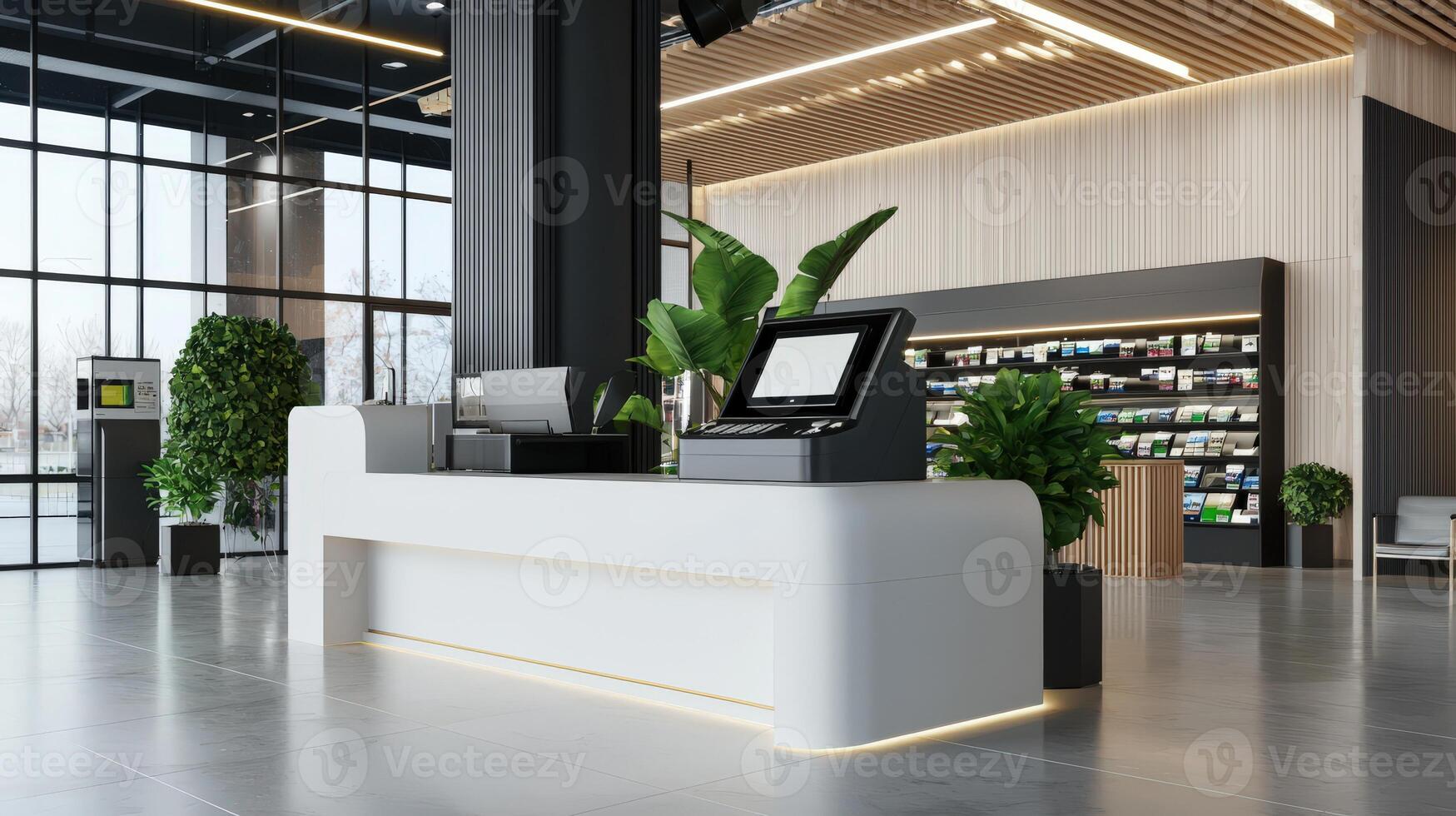 A modern office with a reception desk and plants photo