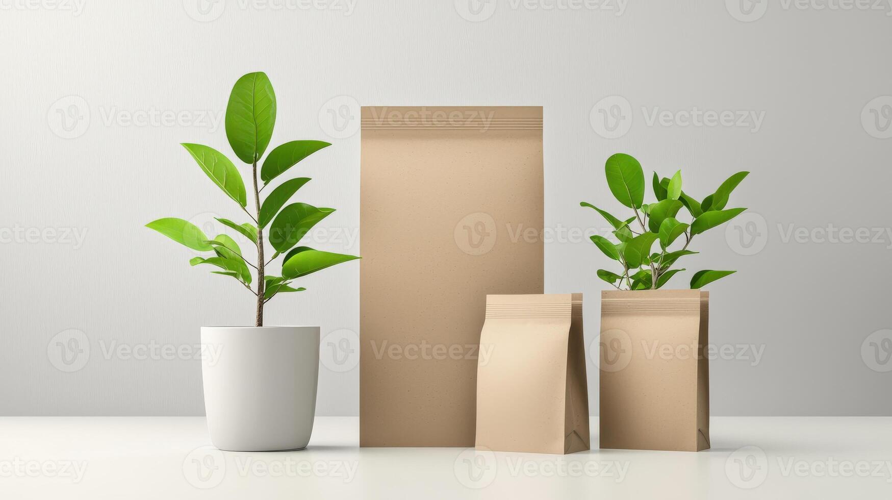 Three empty brown paper bags with plants in them photo