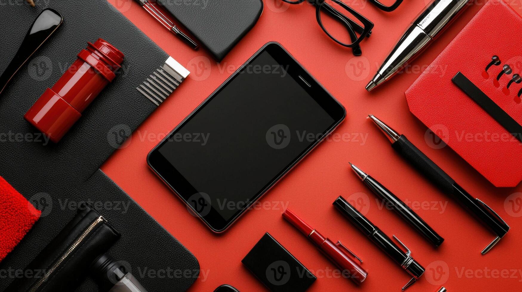 A red desk with various items including a phone, pen, glasses, and a notebook photo