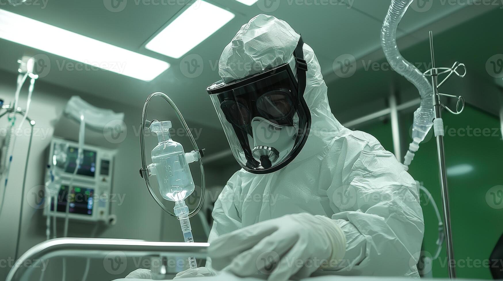 A person in a white suit and protective gear is working on a hospital bed photo