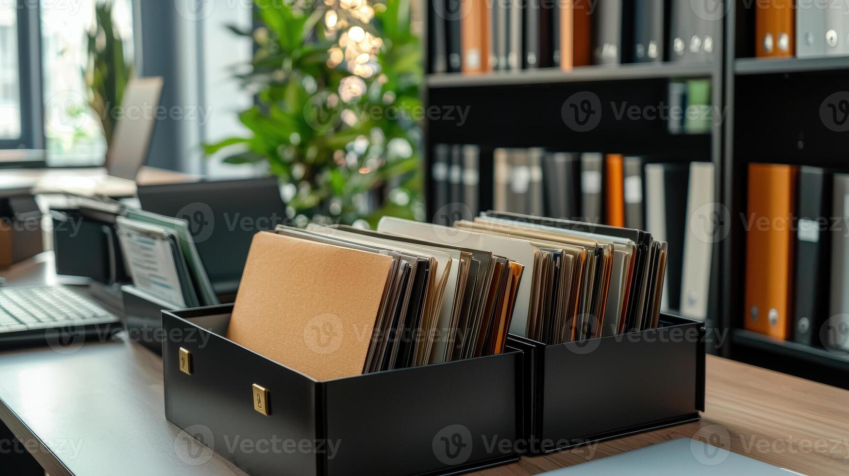 A desk with a laptop, a file cabinet and a bookcase photo
