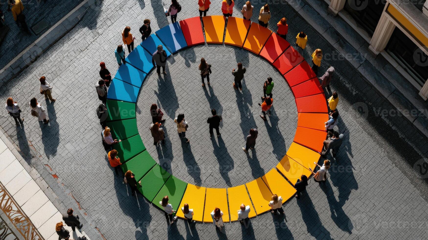 People standing in a circle with a rainbow colored wheel photo