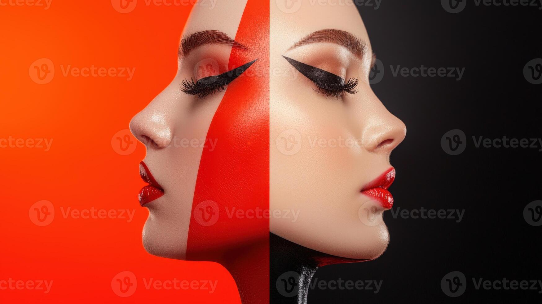 Two images of a woman's face with red and black makeup photo