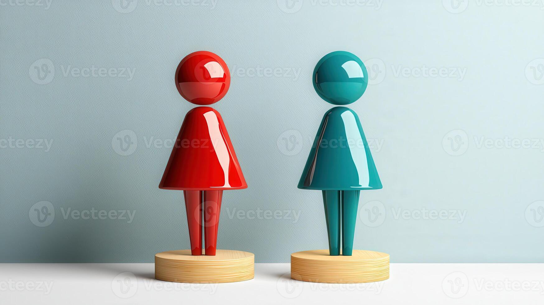 Two figurines of a man and woman standing on wooden stands photo