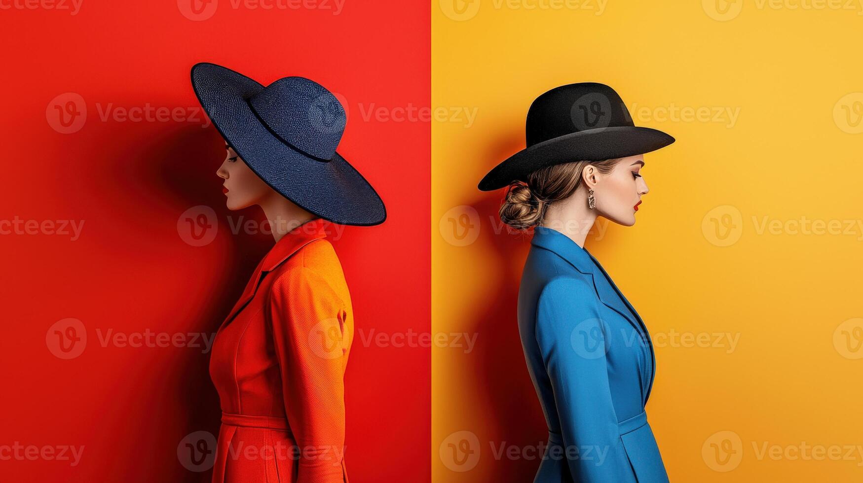 Two women wearing hats on different colors photo