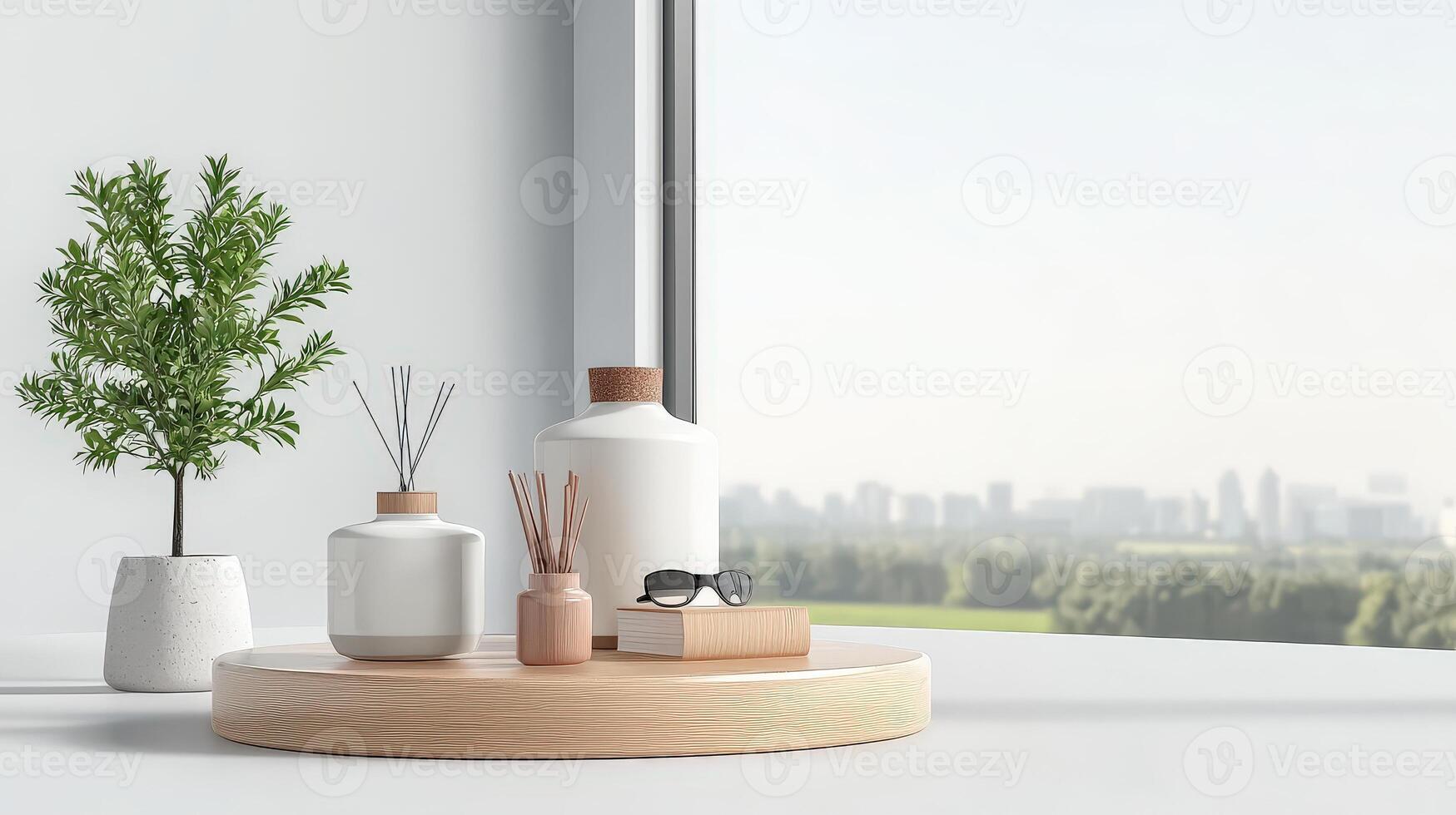 A white table with a vase, a bottle and a plant photo