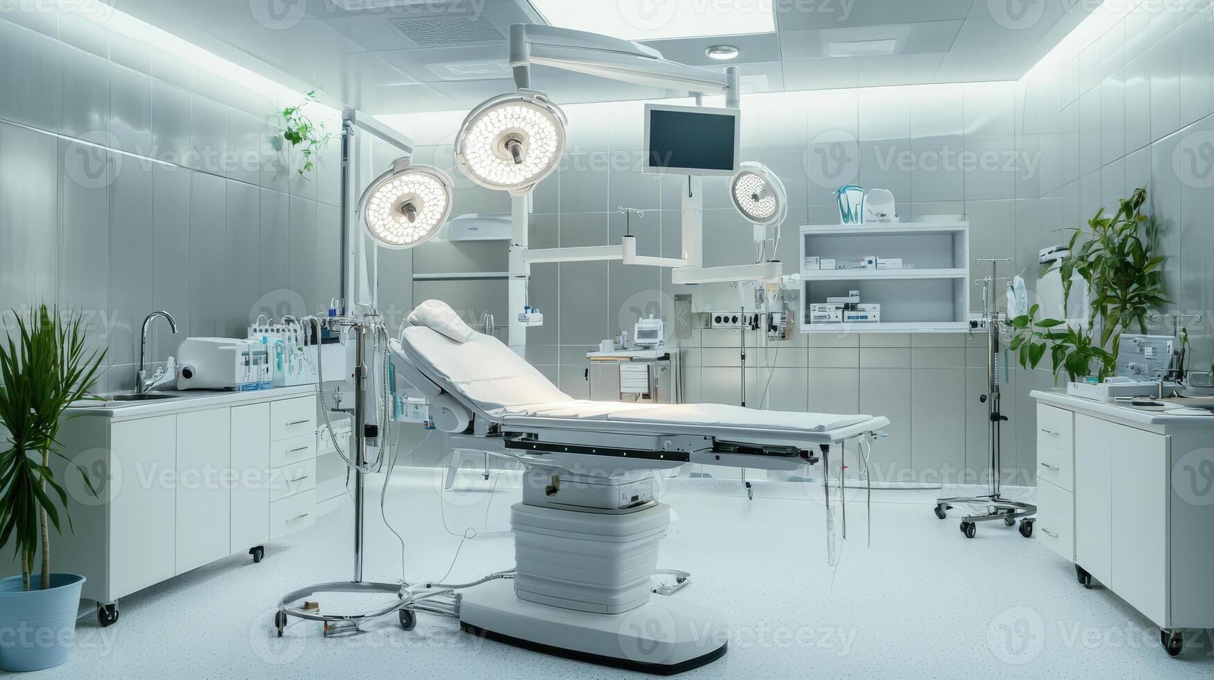 A hospital room with a bed, medical equipment and lights photo