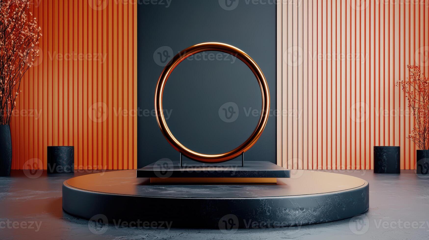 A circular object on a pedestal in front of a wall photo