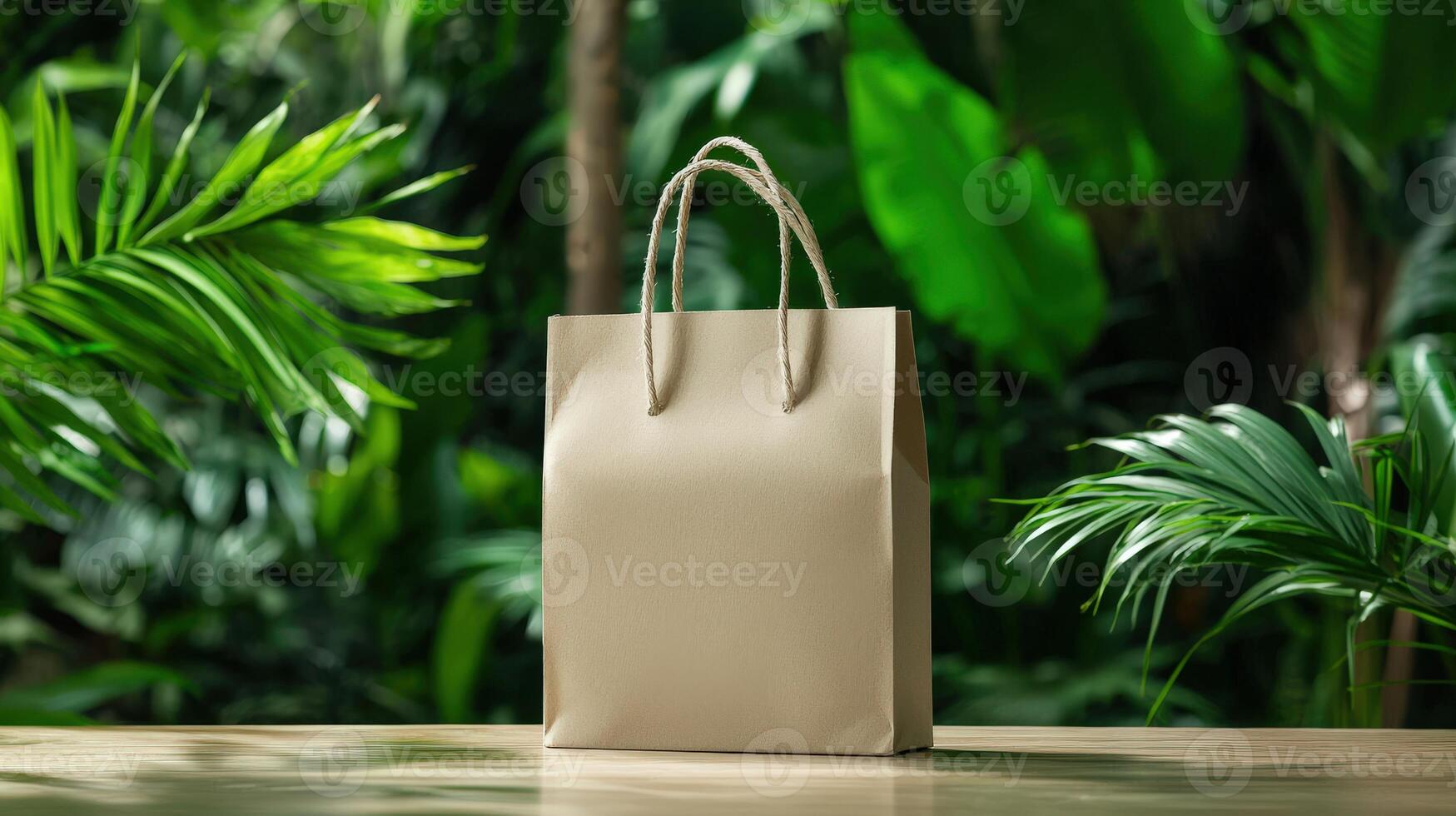 A paper bag sitting on a table in front of green plants photo