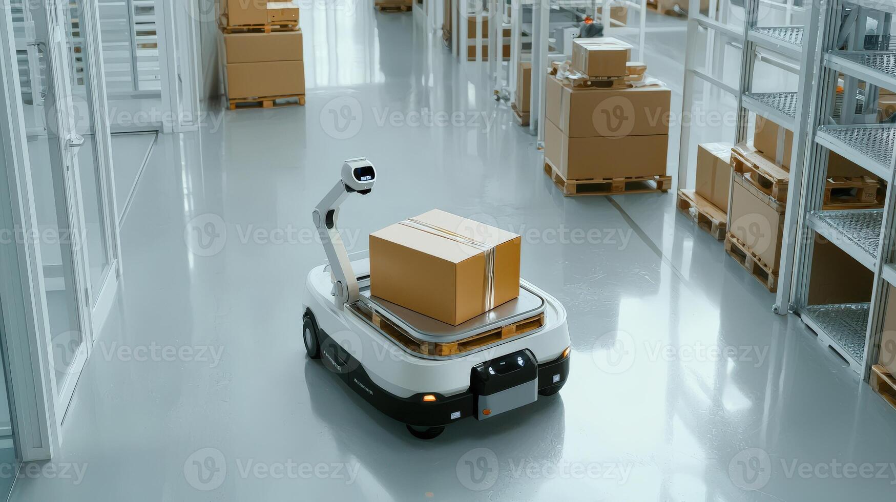 A robot is moving around a warehouse with boxes photo