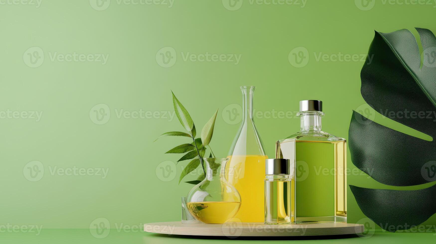 Green background with bottles of essential oils and leaves photo