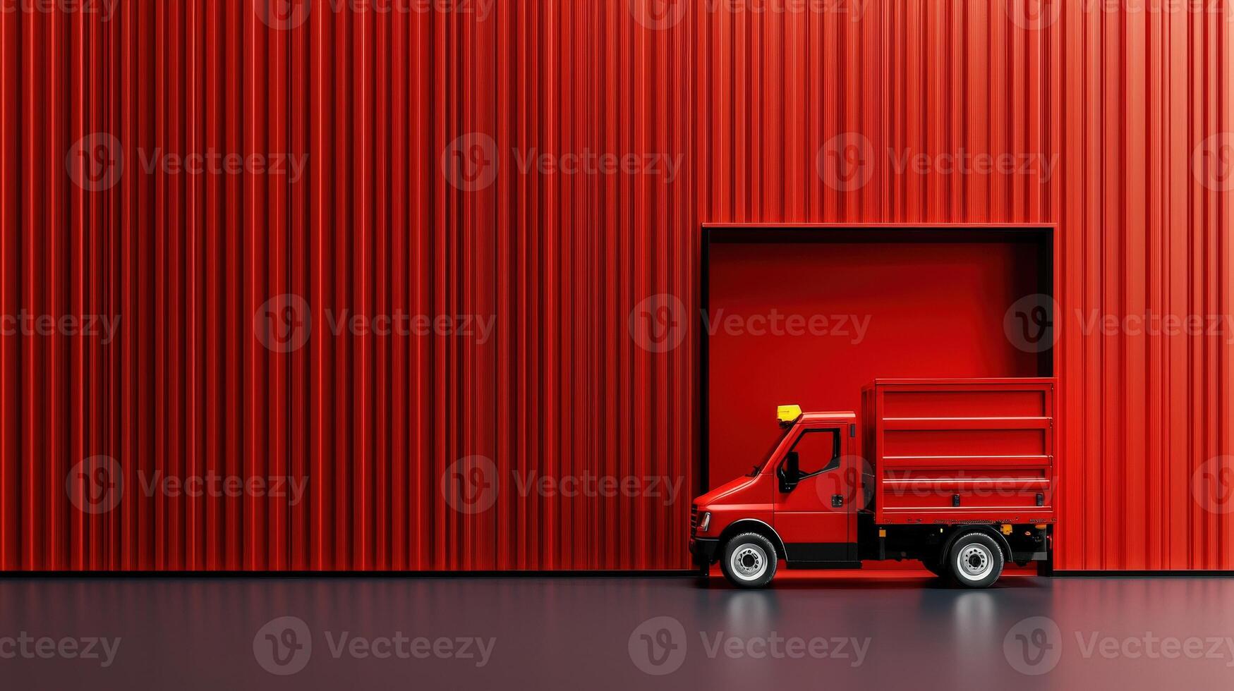 A red truck is parked in front of a door photo
