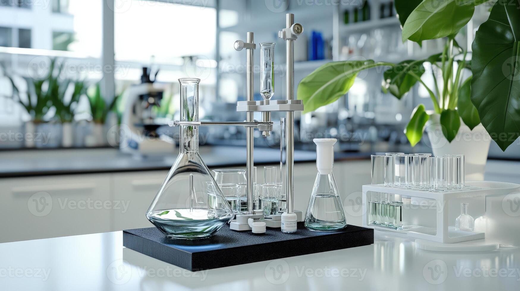 A laboratory with several glassware and beakers photo