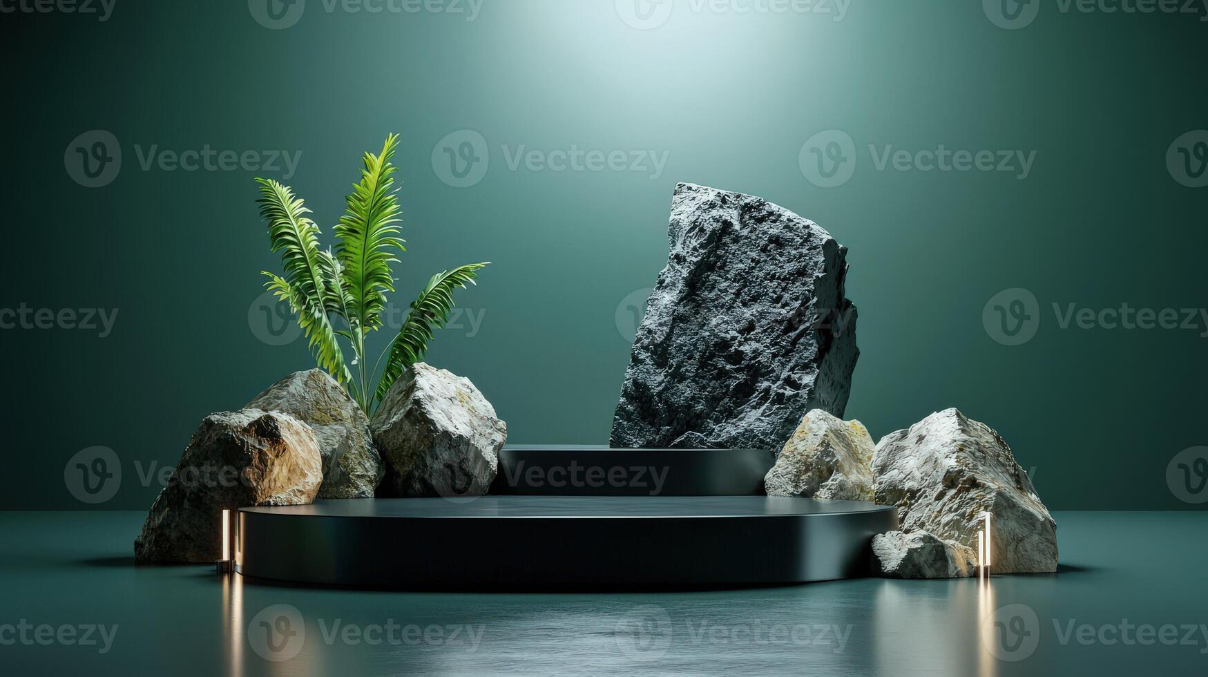 A rock pedestal with plants and a candle photo