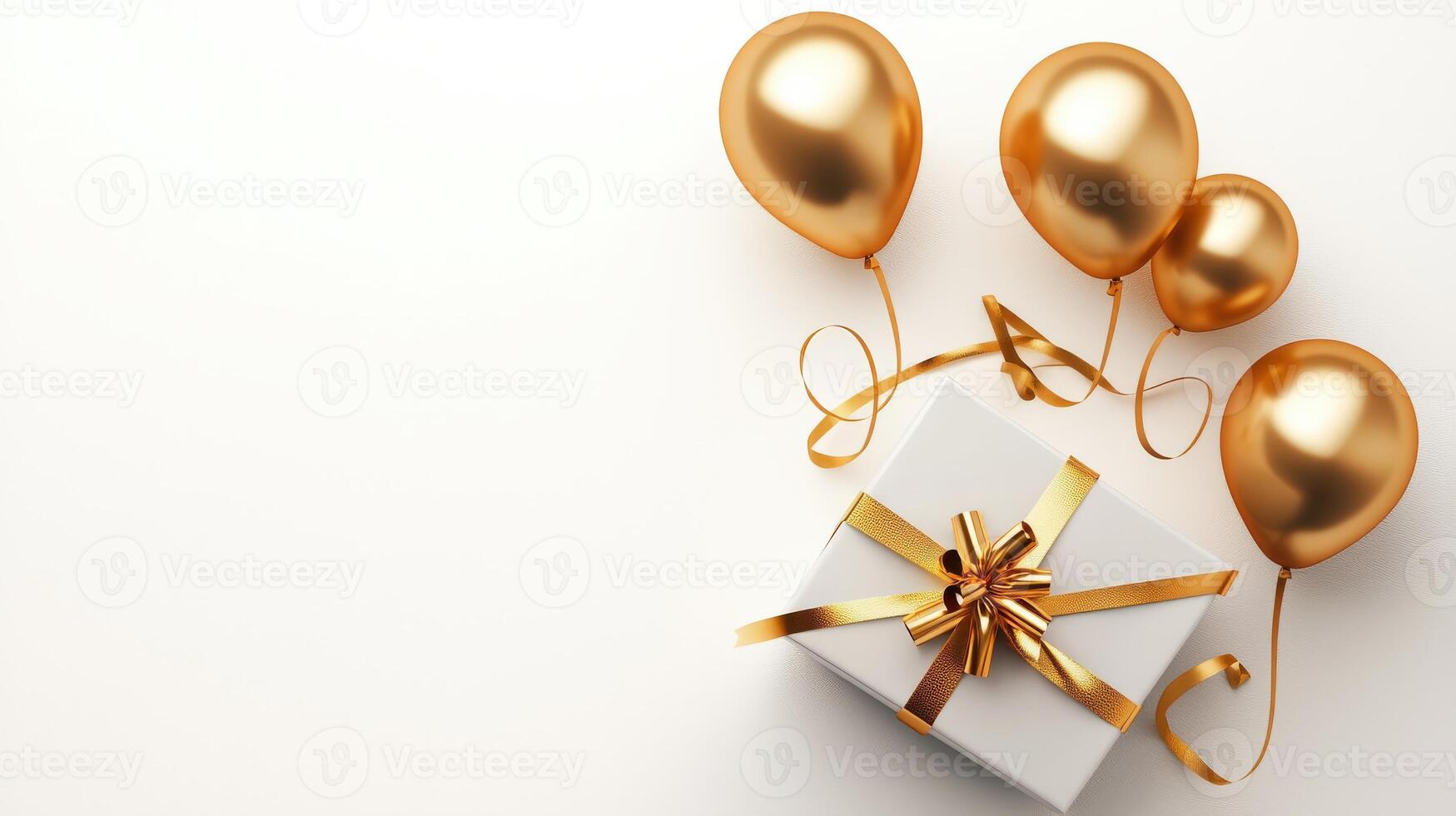 Golden balloons and gift box on white background photo