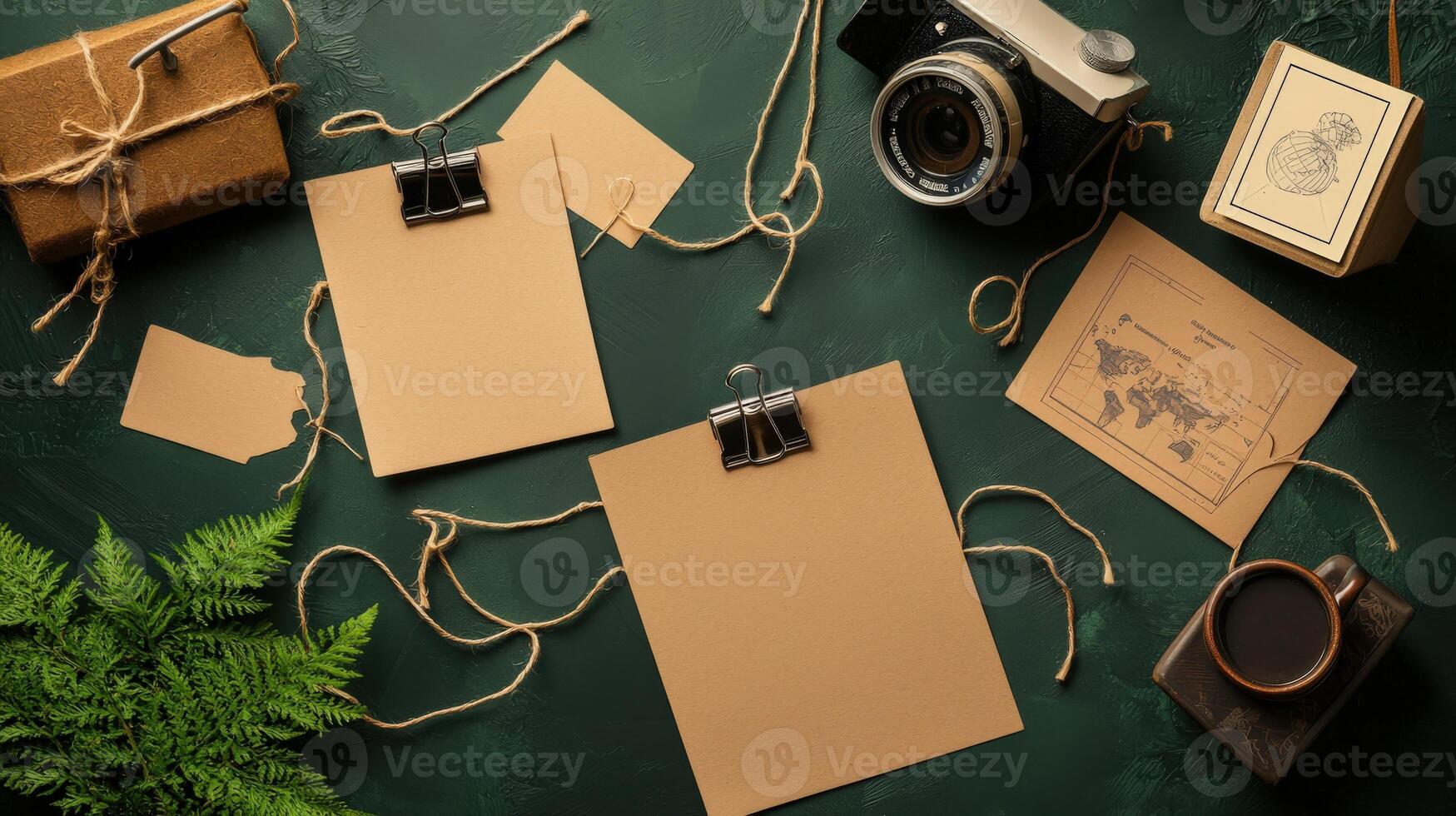 A camera, paper, and a notebook are on a green table photo