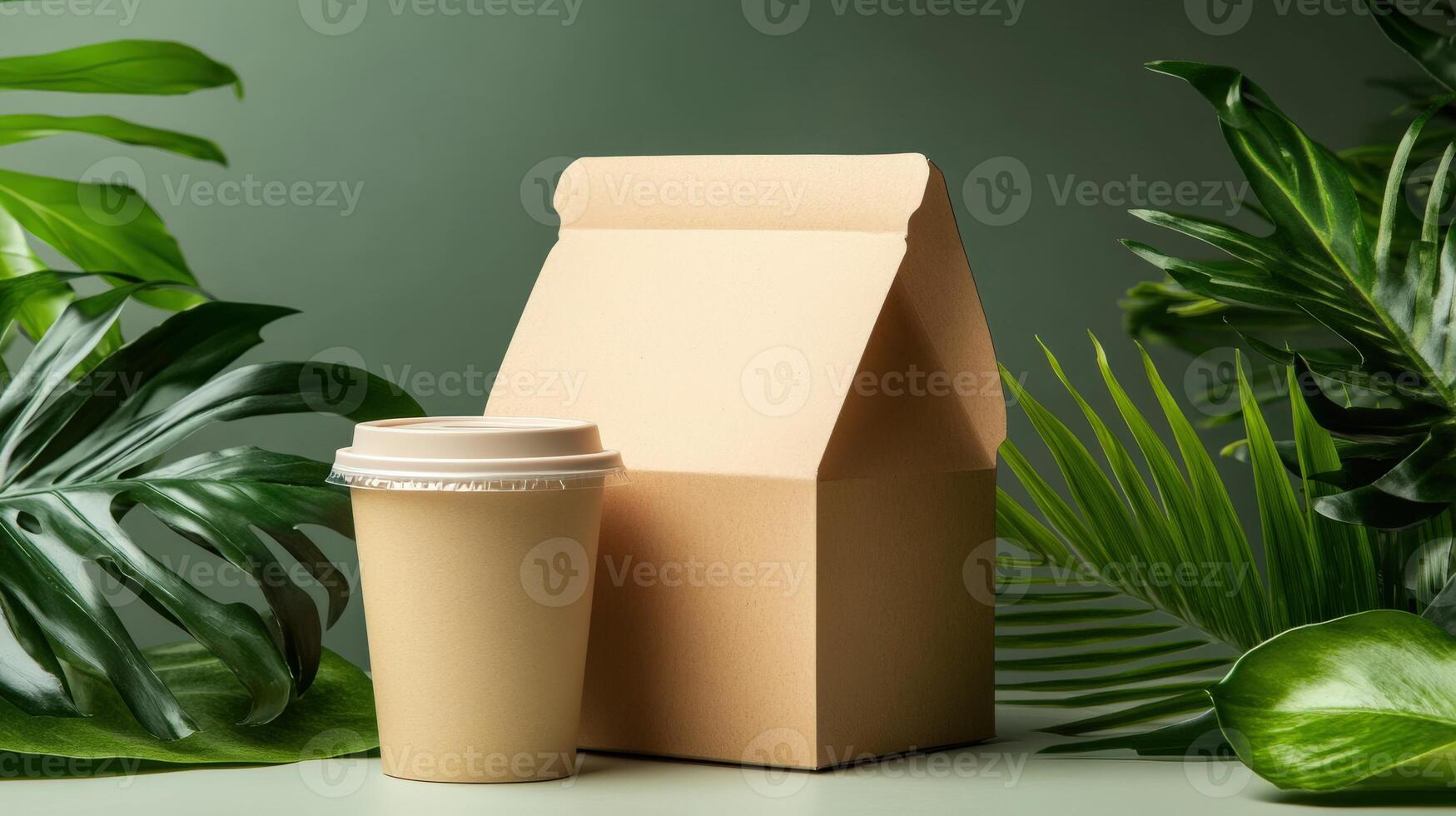 Takeaway coffee cup and cardboard box with palm leaves on green background photo