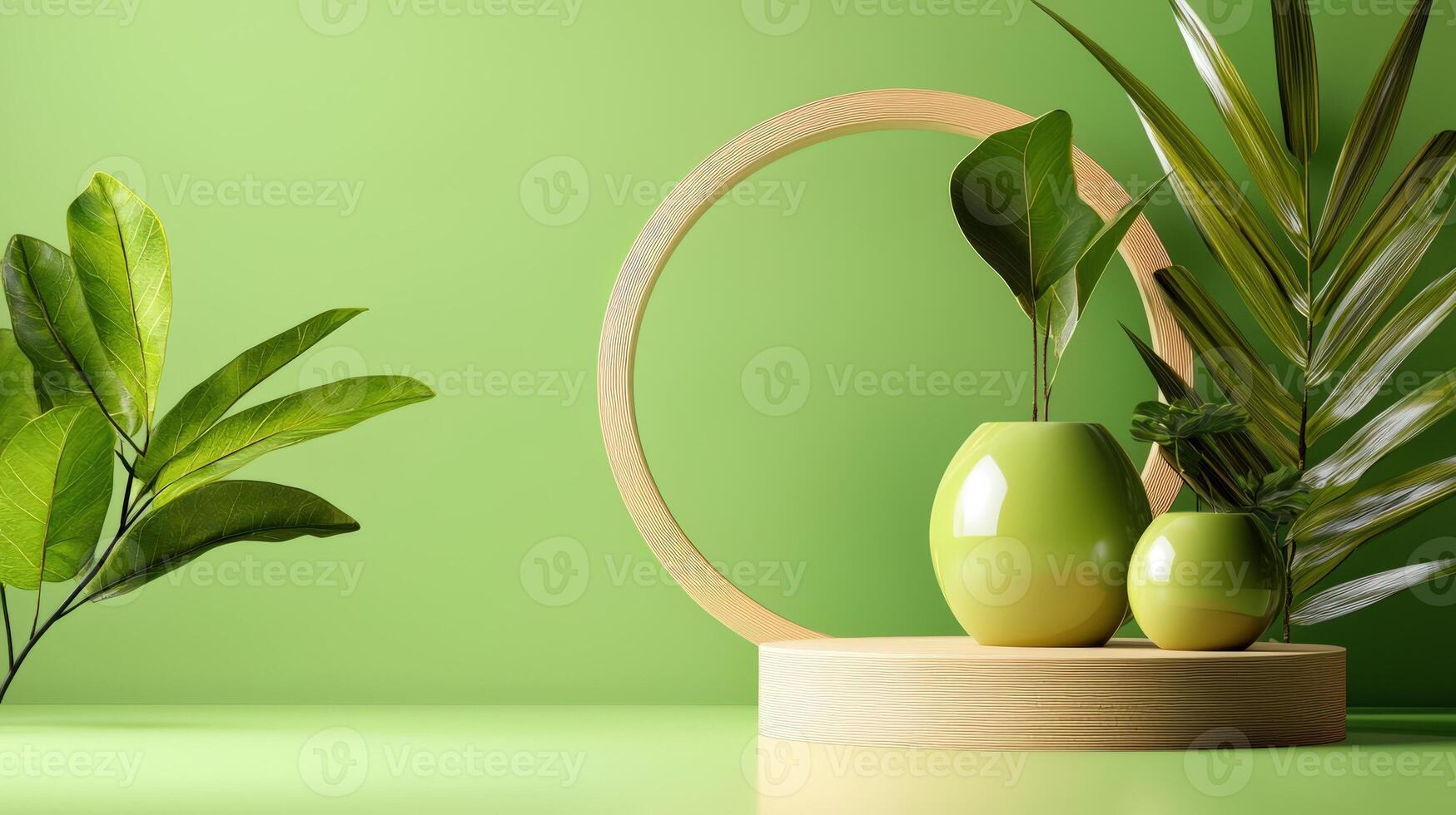 Green plants and vases on a green background photo