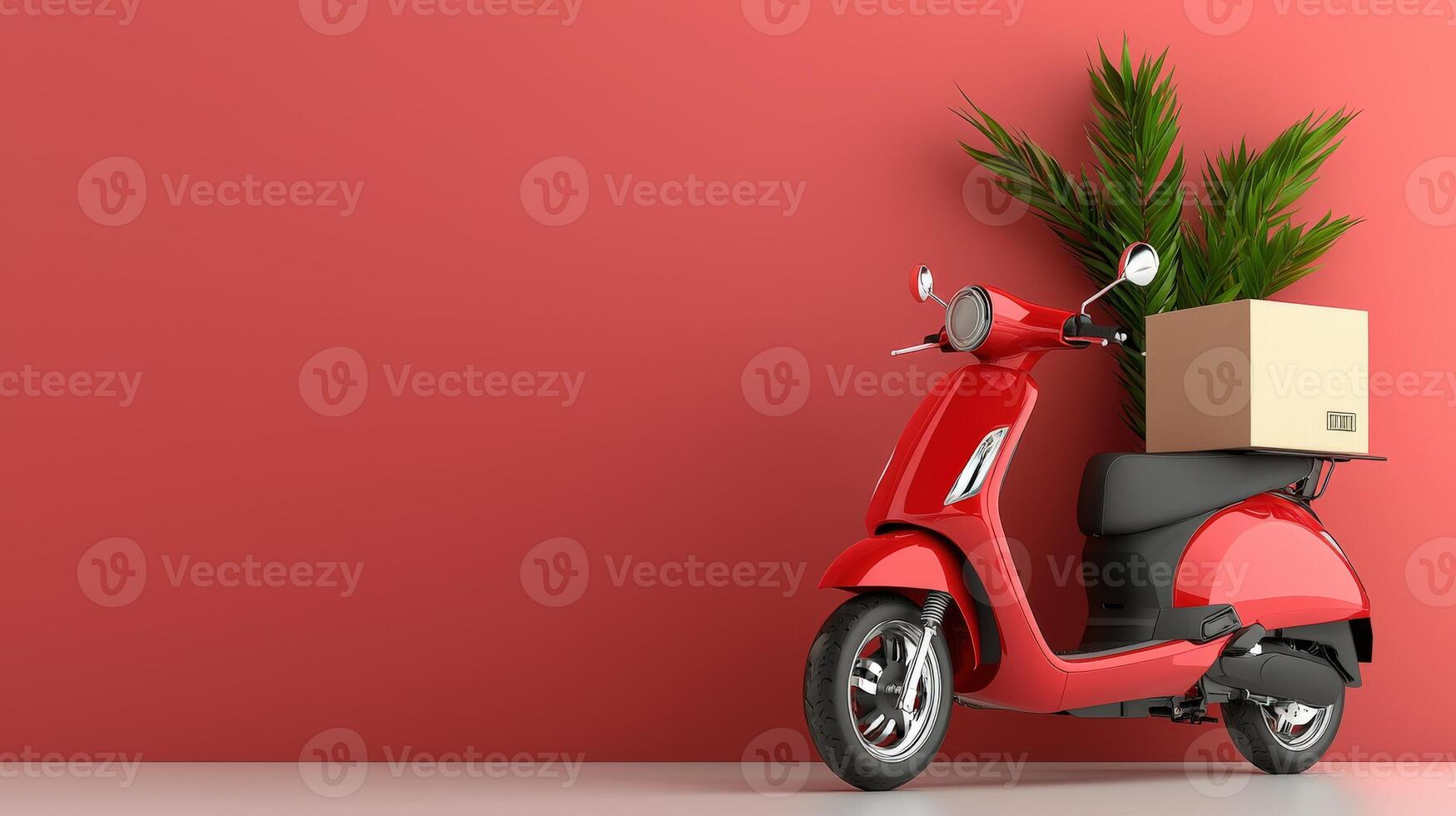 A red scooter with a box and plant on the back photo