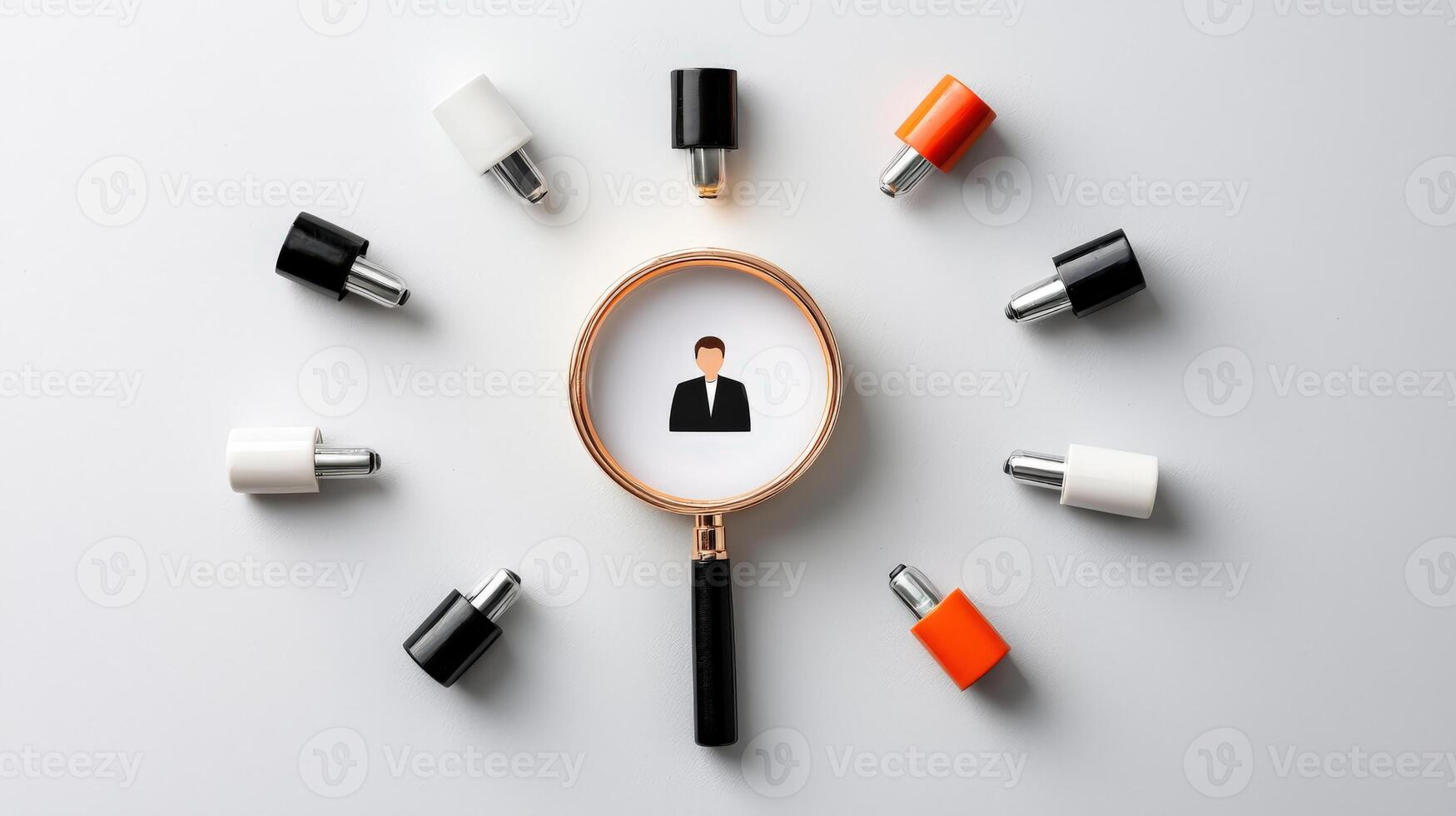 Magnifying glass on a white background with many business icons photo