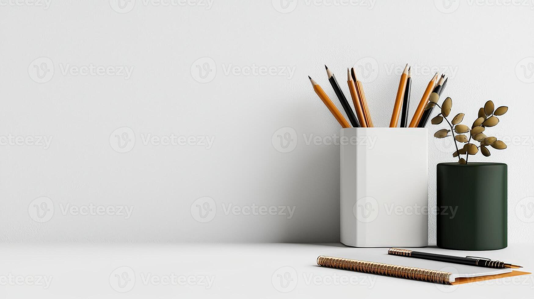 A vase with pencils, a notebook and a plant on a white table photo