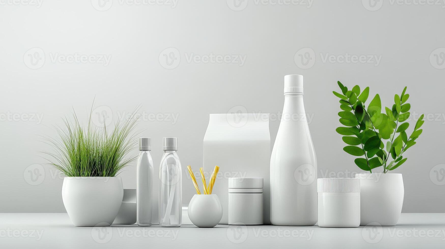 Various white containers and plants on a table photo