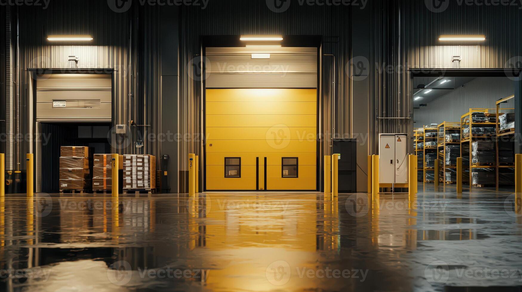 A warehouse with yellow doors and shelves photo